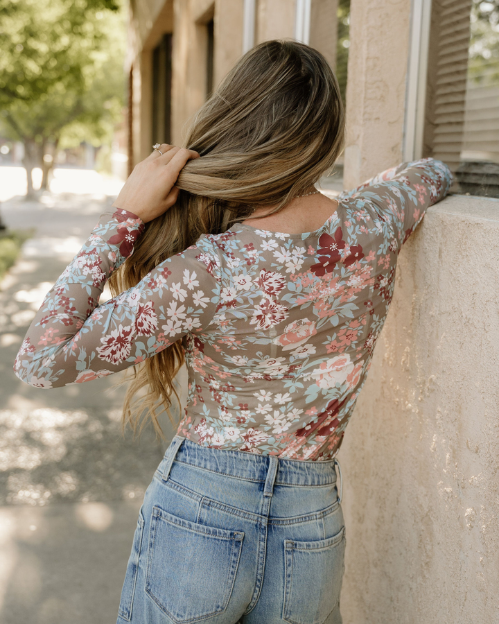 Green Floral Print Mesh Long Sleeve Top