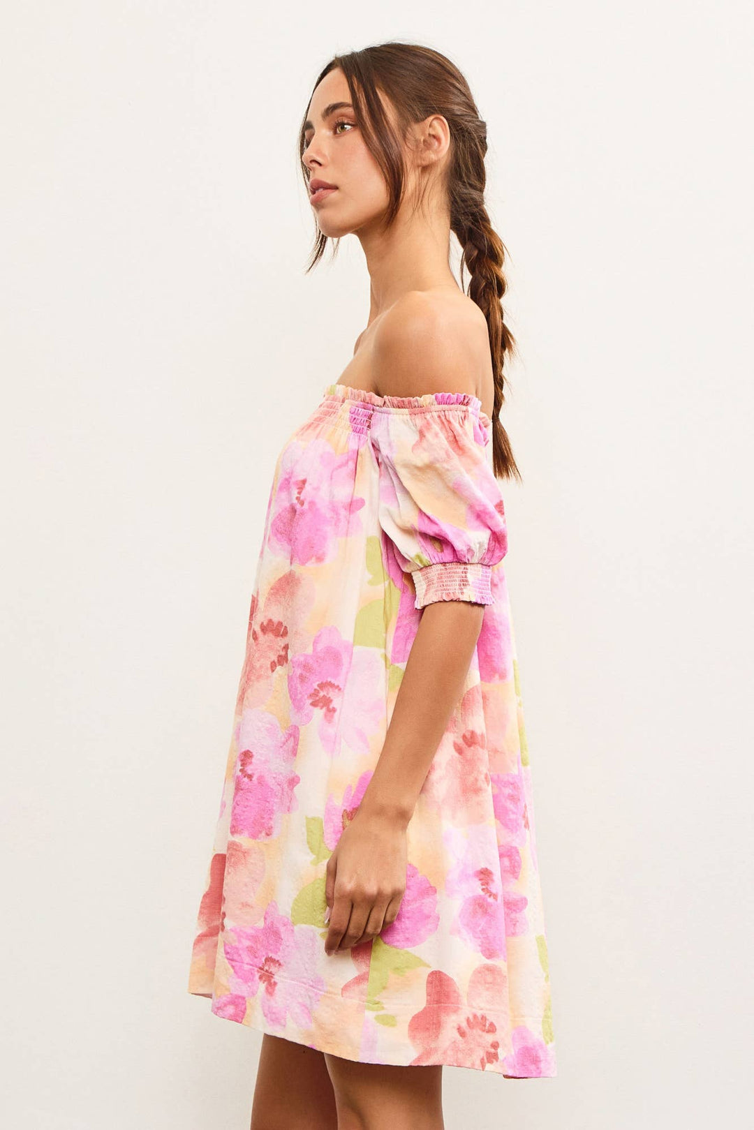 Pink Yellow Floral Off-Shoulder Floral Dress