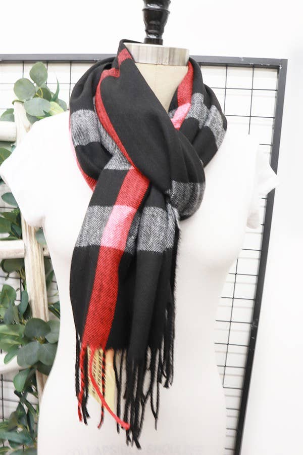 Camel Wool Plaid Cashmere Scarf With Tassel