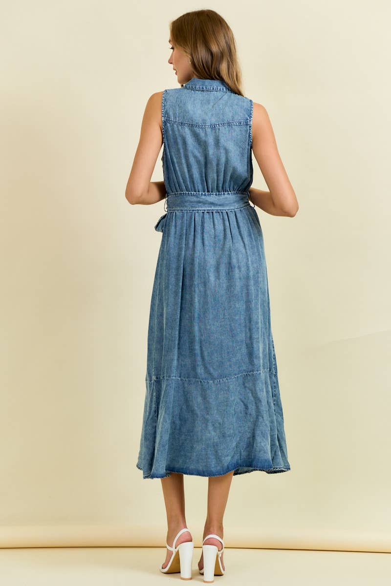 Denim Look Midi Dress with Tie Belt