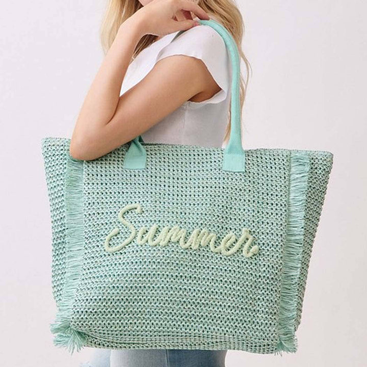 Woven Straw Fringe Tote With Summer Embroidery