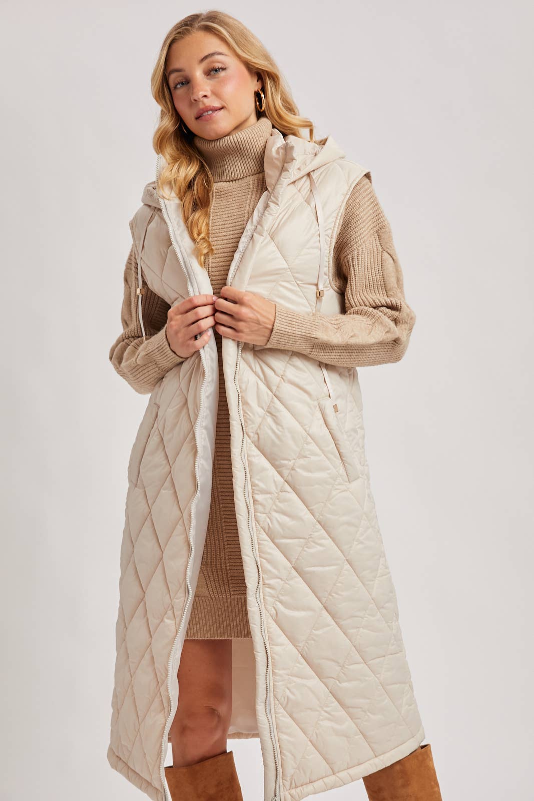 Quilt Puffer Long Hooded Vest