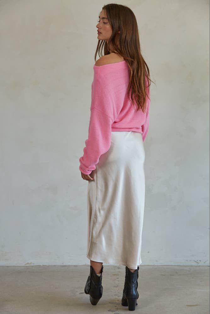 Pink Sweater Boat Neck Off Shoulder Top