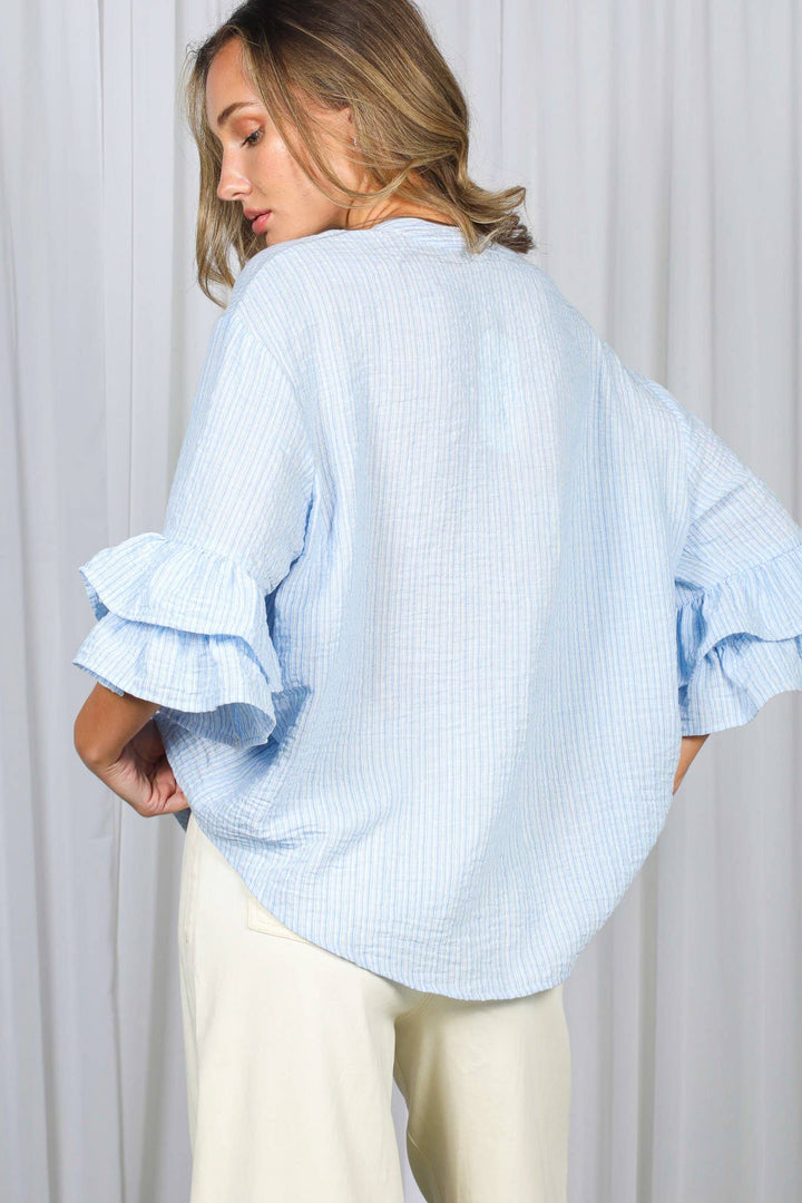 Striped V-Neck Ruffle 3/4 Sleeve Blouse Top