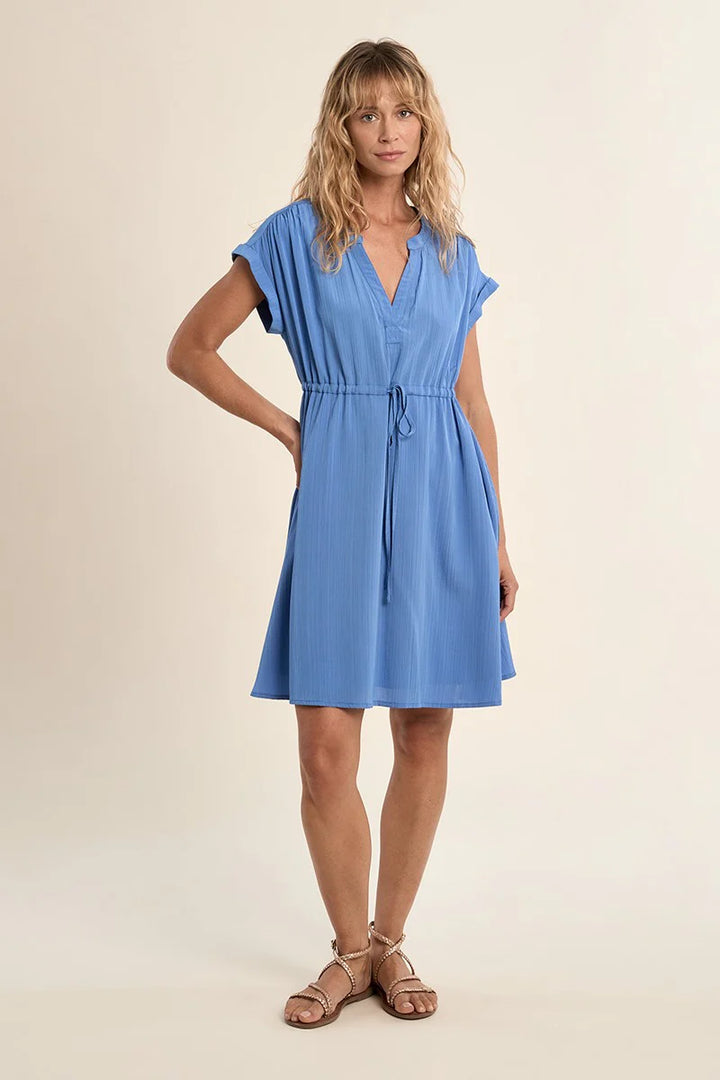 Blue Short Sleeve Dress-Tie Front