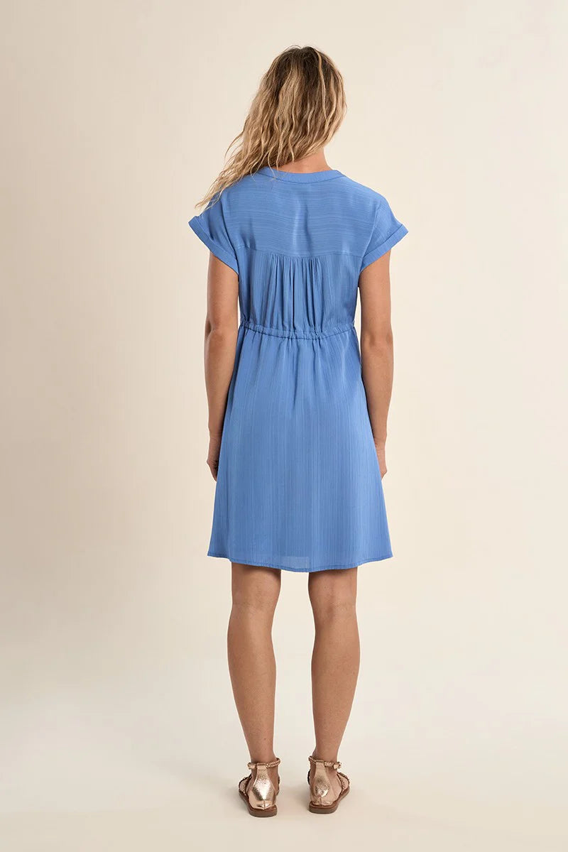 Blue Short Sleeve Dress-Tie Front