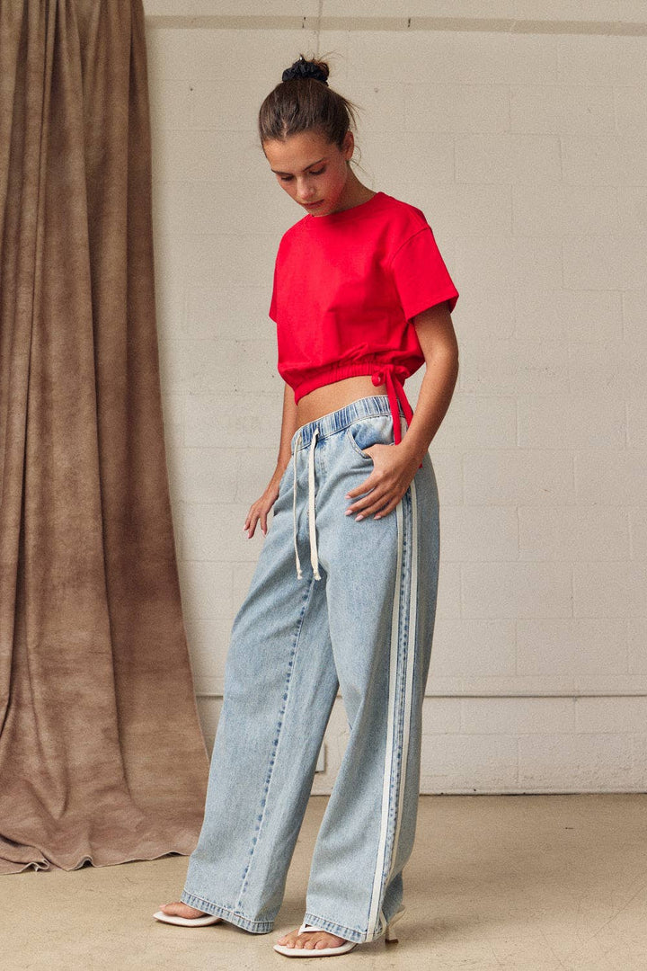 Double Stripe Wide Leg Denim Pants Relaxed Fit