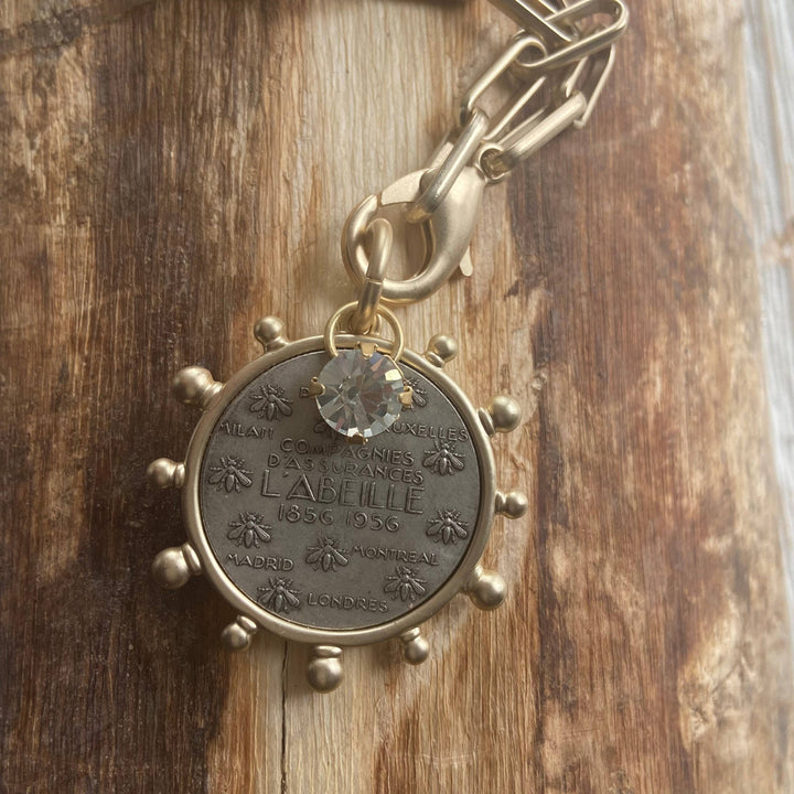 Matte Gold French Bee Coin Medallion Necklace