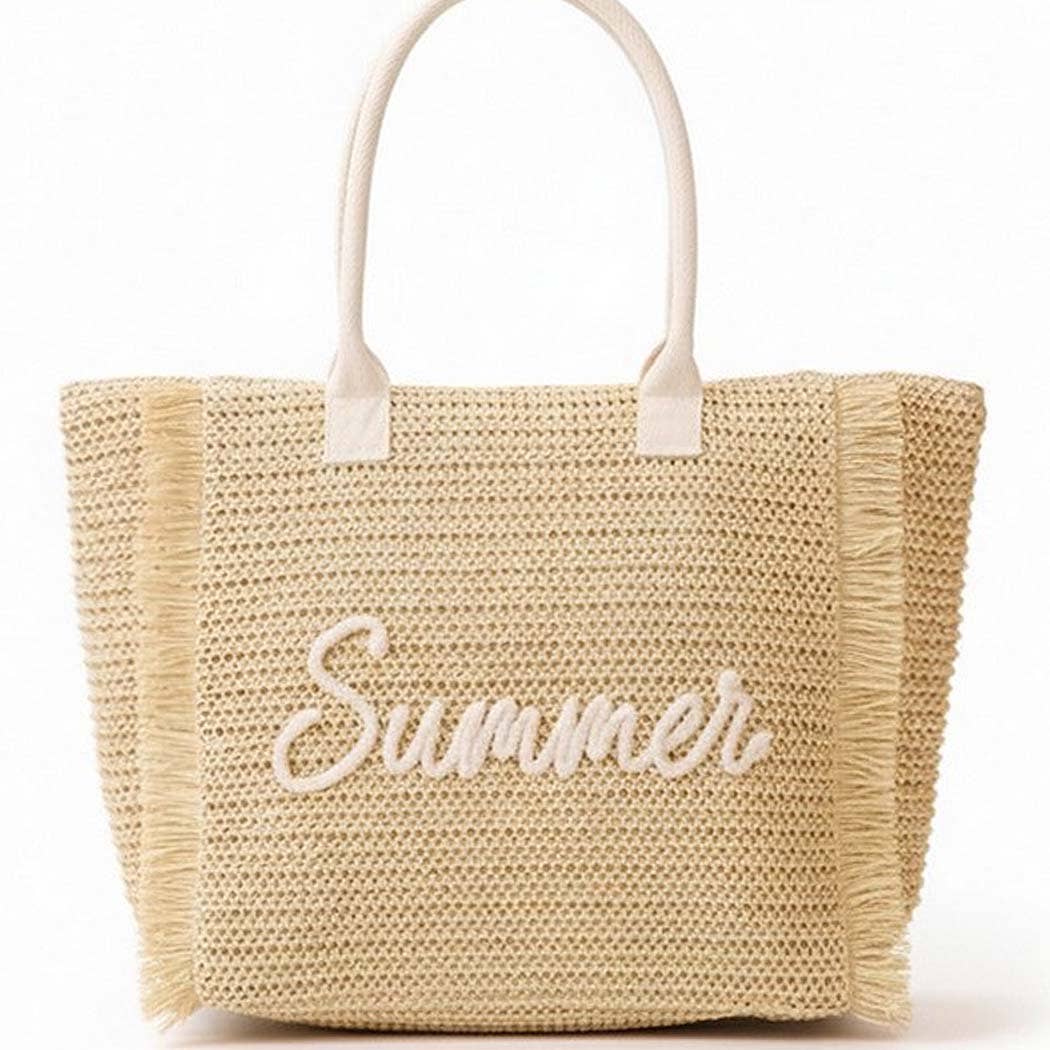 Woven Straw Fringe Tote With Summer Embroidery