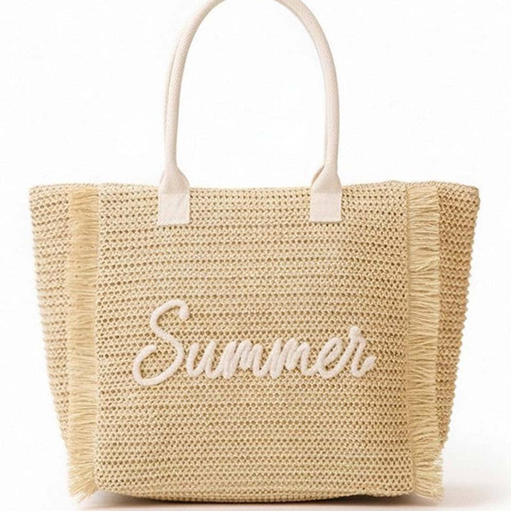 Woven Straw Fringe Tote With Summer Embroidery