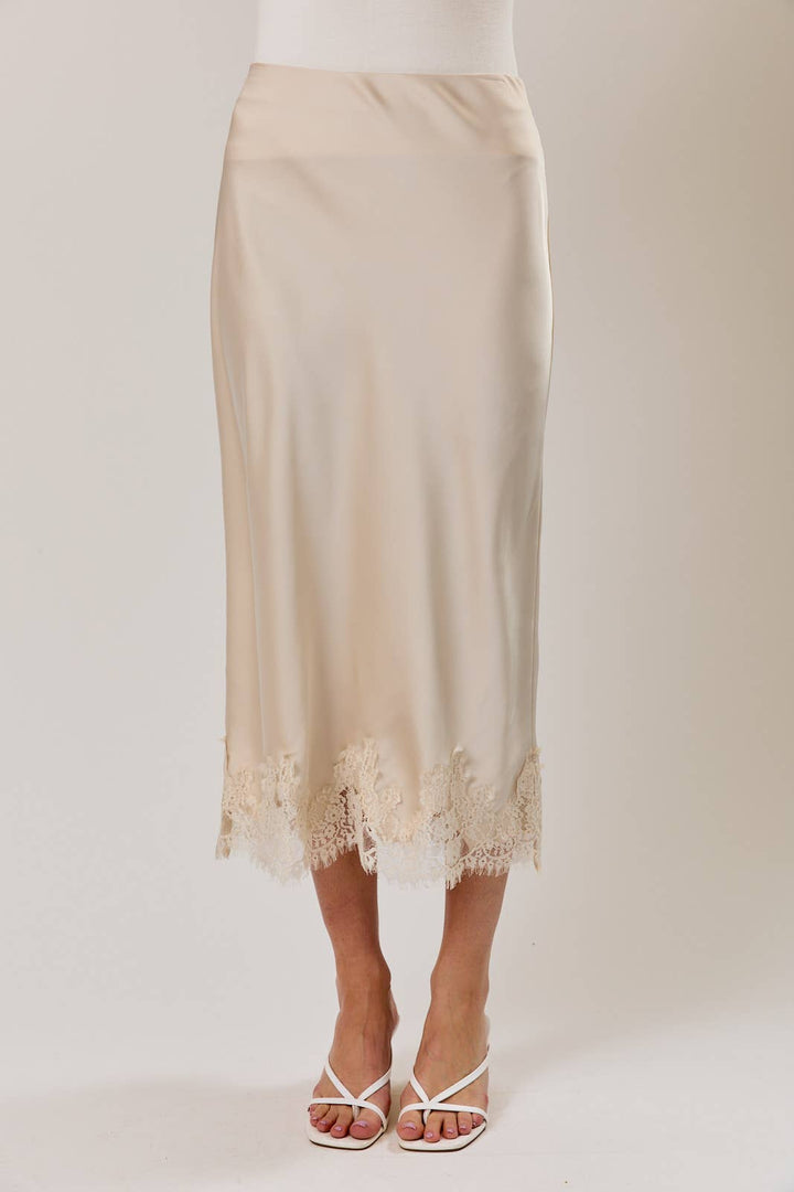 Sky Blue L ace Applique Satin Midi Skirt
