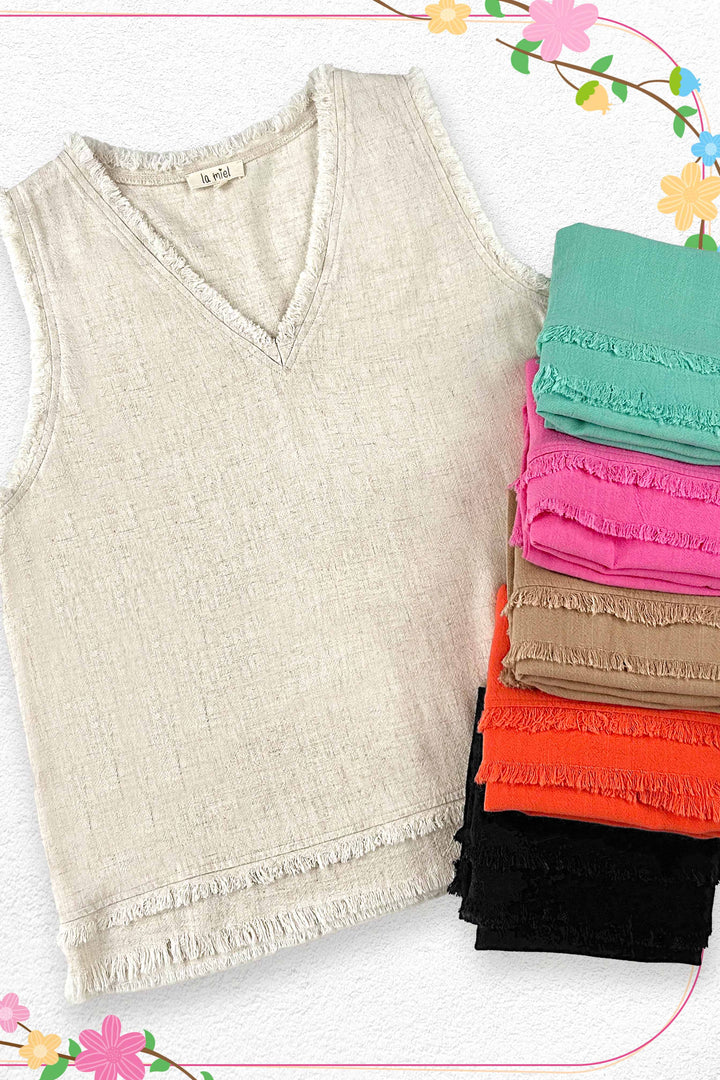 Soft Washed Gauze Cut Edge Sleeveless V-neck Top