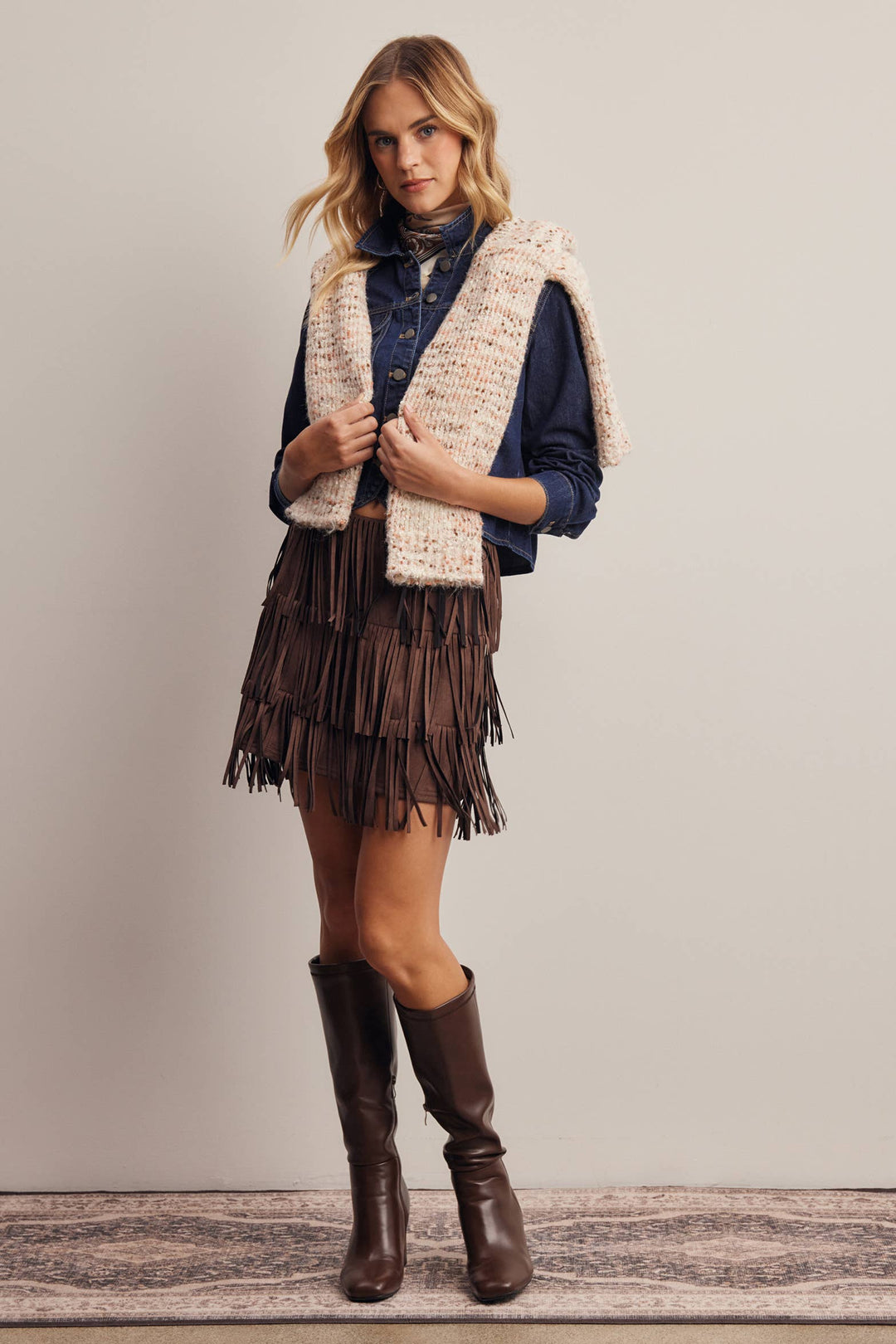 Tiered Fringe Stretch Suede Mini Skirt