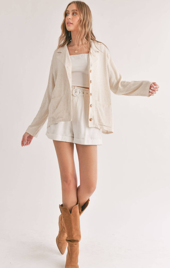Linen Blend Jacket With Pockets: OATMEAL