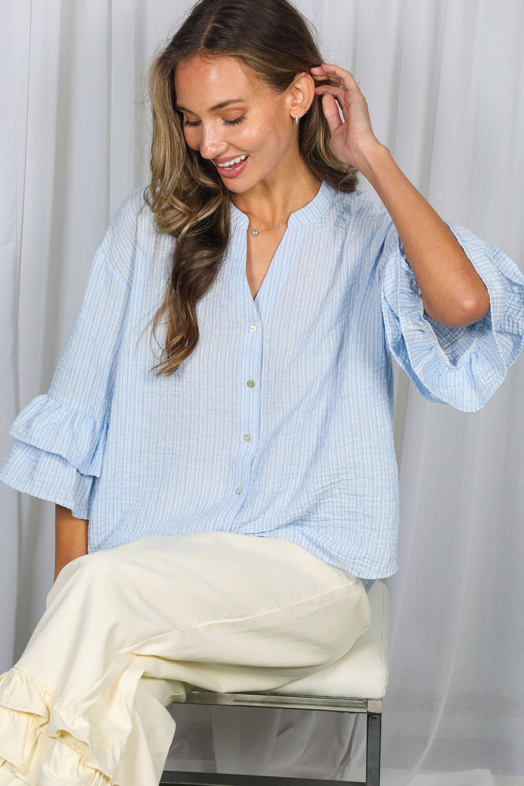 Striped V-Neck Ruffle 3/4 Sleeve Blouse Top