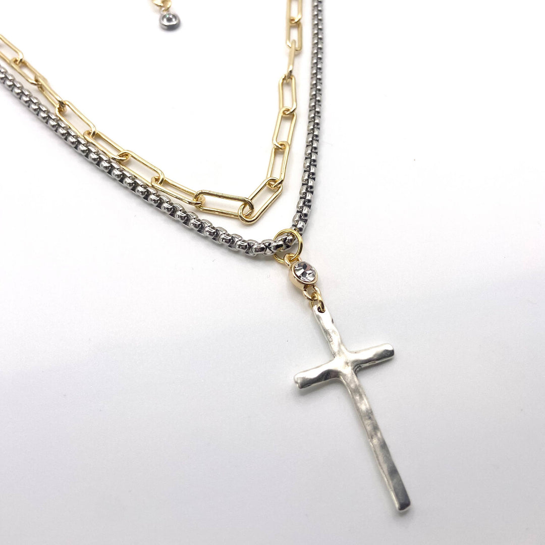 Silver Cross Layered Necklace