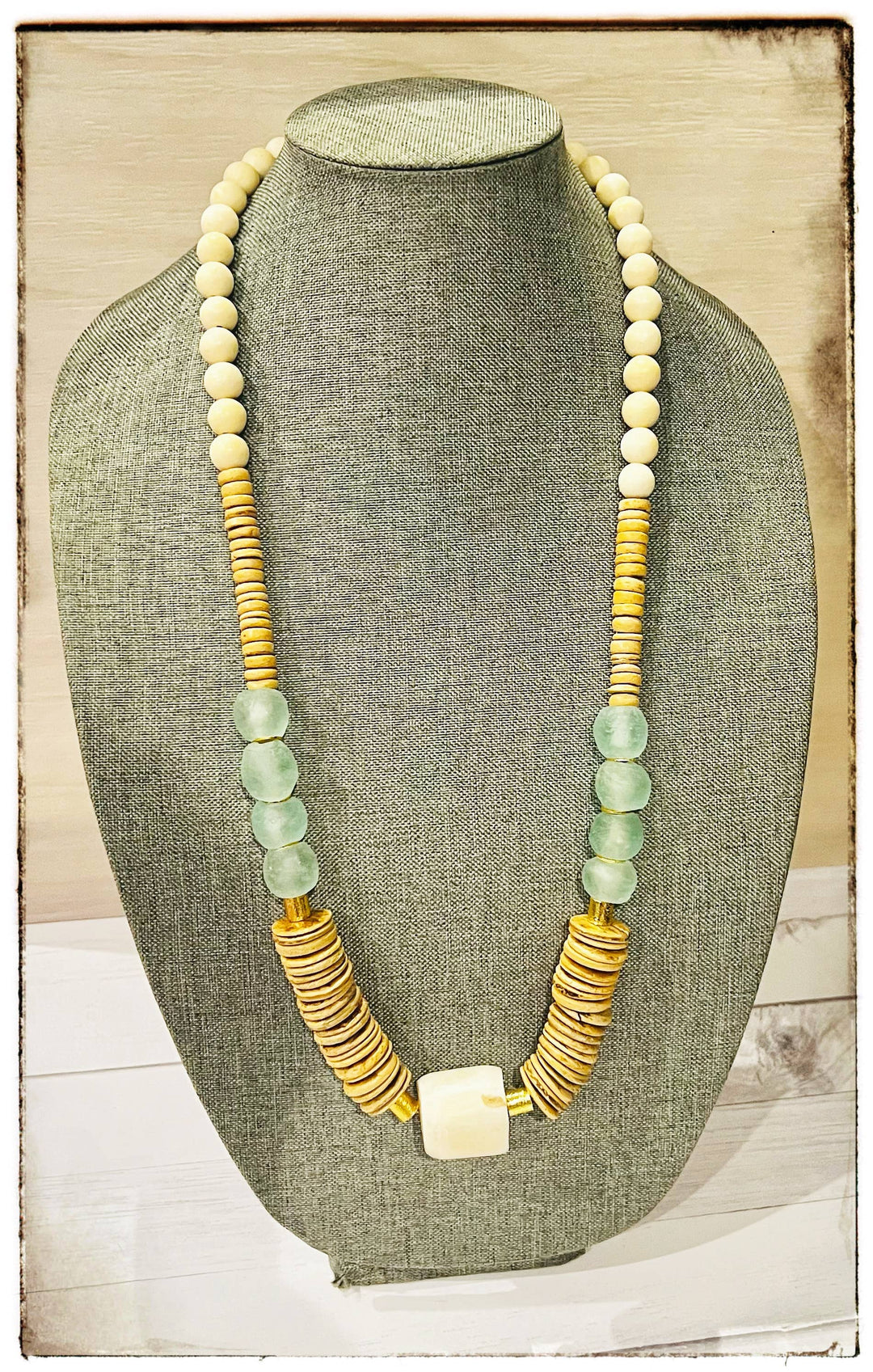 Tan Coconut Wood &amp; White African Bone Bead Necklace Glass