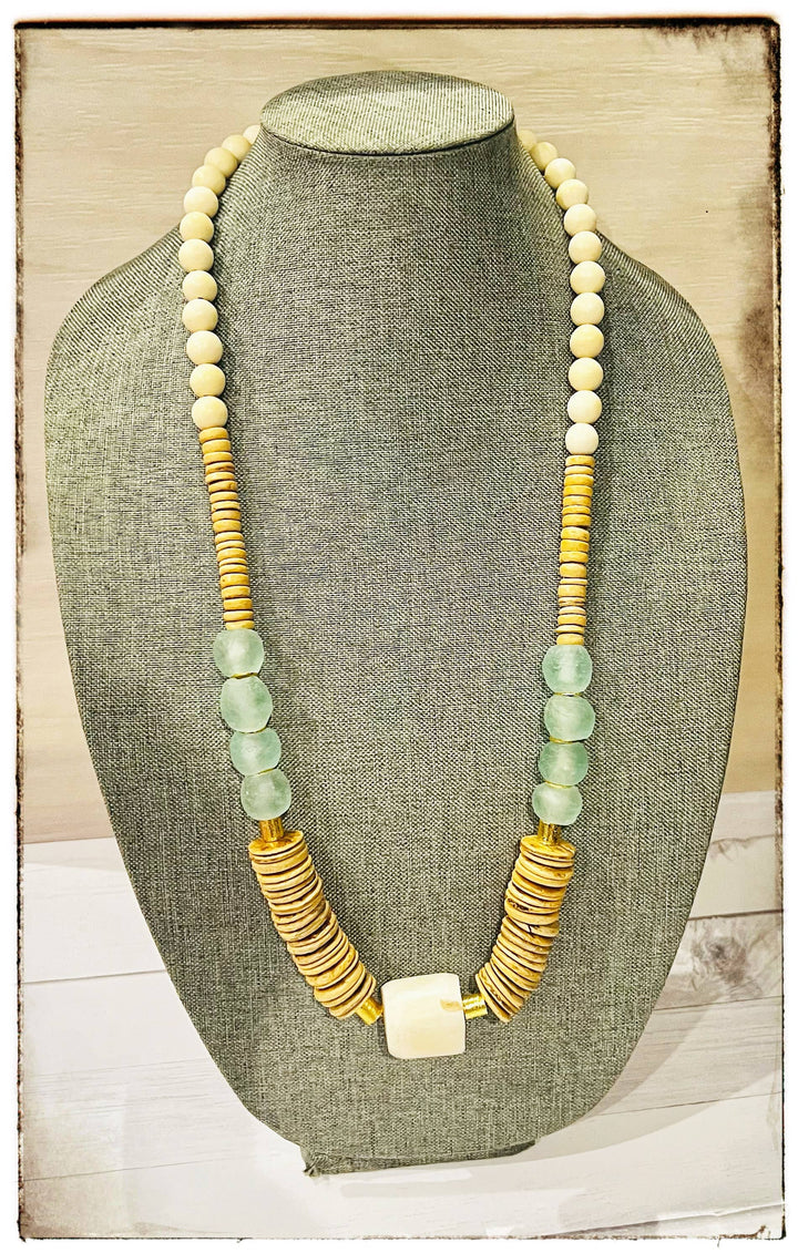 Tan Coconut Wood &amp; White African Bone Bead Necklace Glass