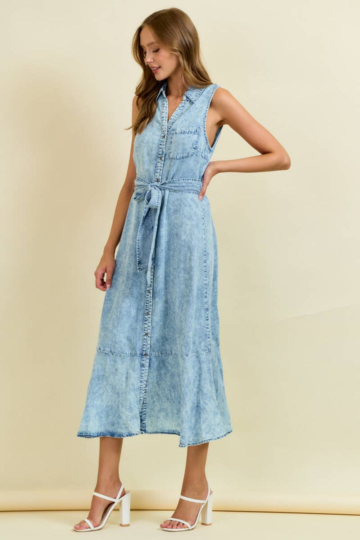 Denim Look Midi Dress with Tie Belt