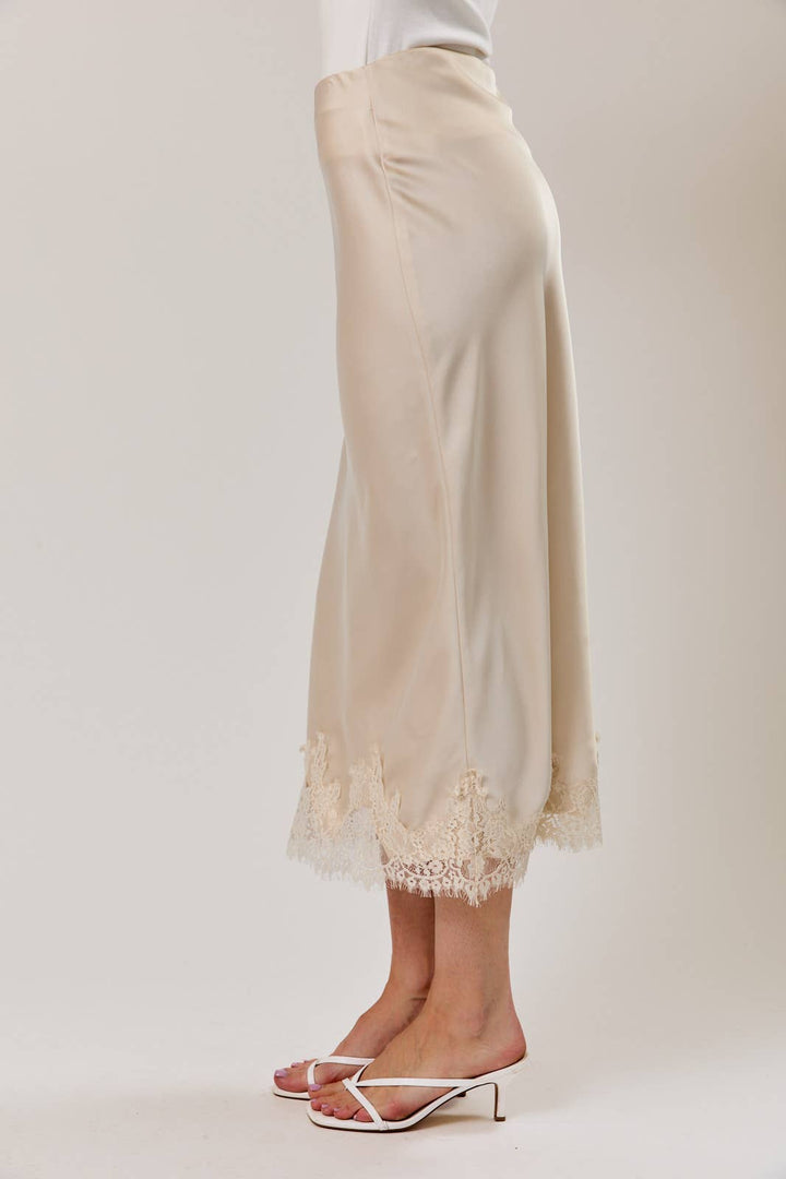 Sky Blue L ace Applique Satin Midi Skirt