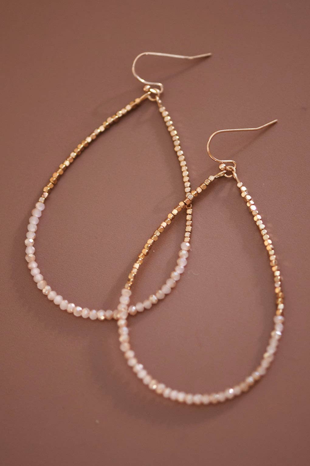 Pink Gold Beaded Hollow Drop Earrings with Glass Beads