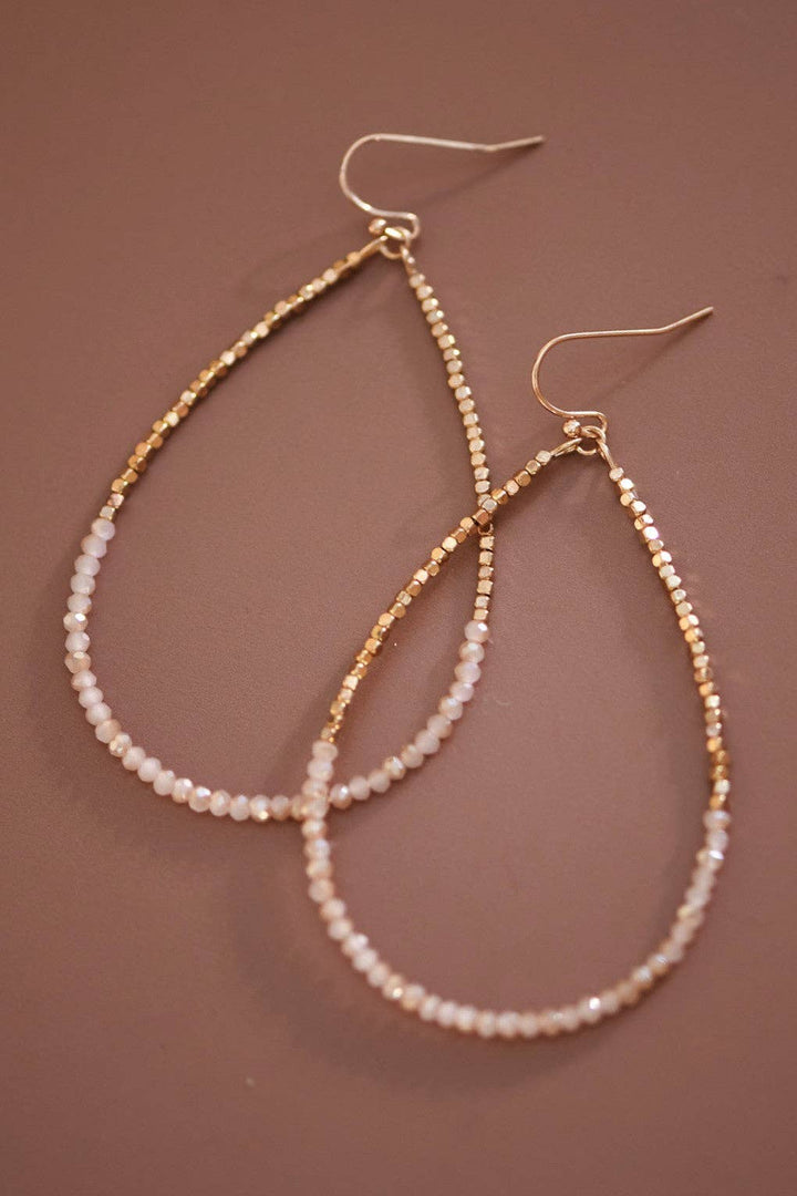 Pink Gold Beaded Hollow Drop Earrings with Glass Beads
