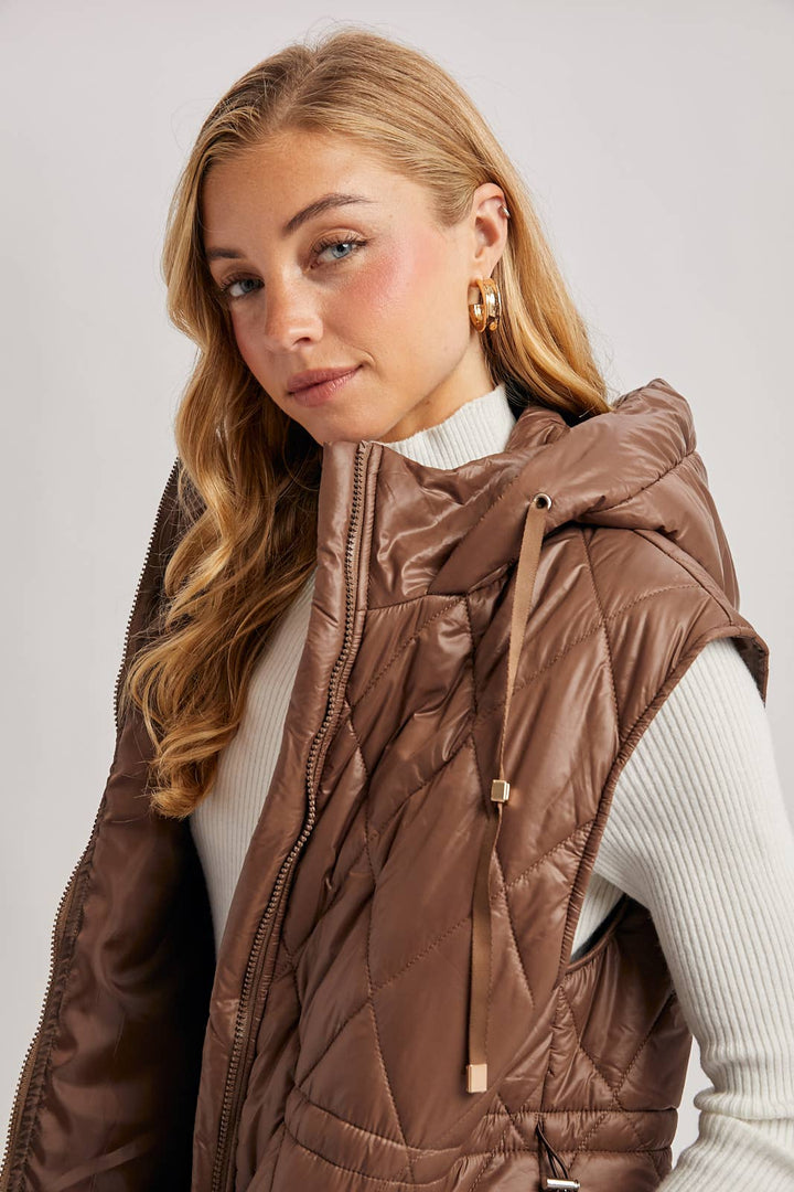 Quilt Puffer Long Hooded Vest