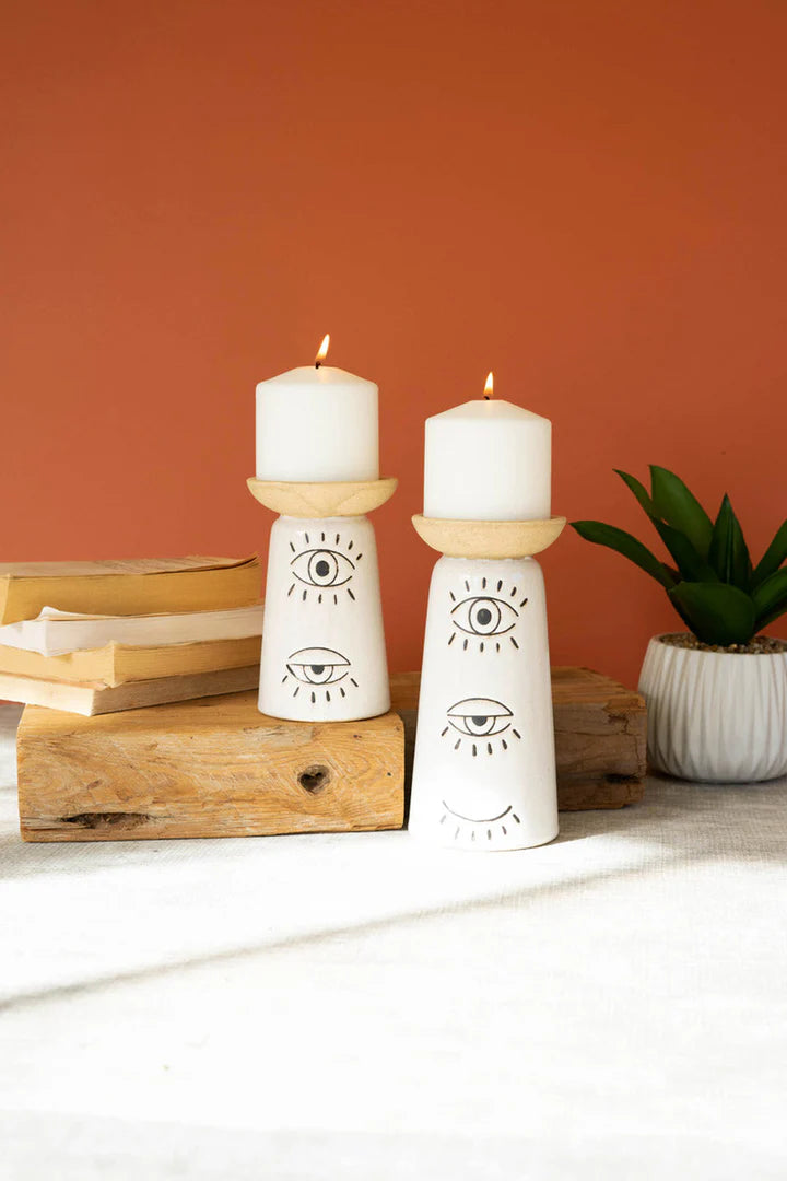 2-Piece Ceramic Candle Holders w/ Eyes