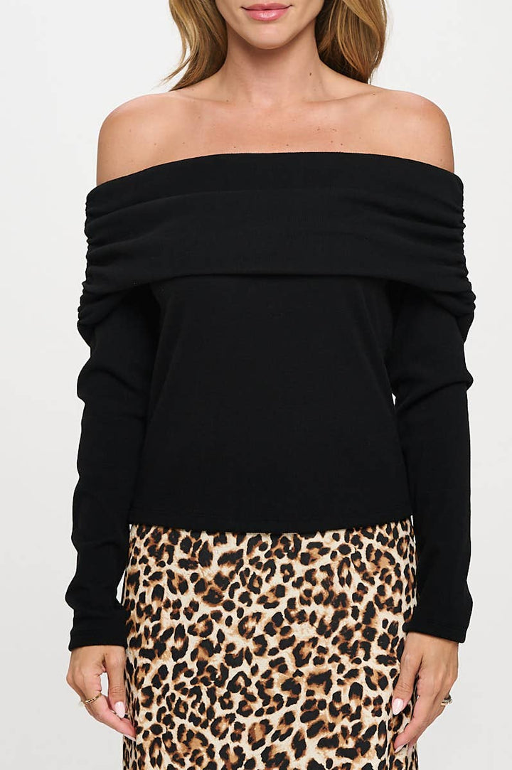 Black Rib Knit Off Shoulder Top