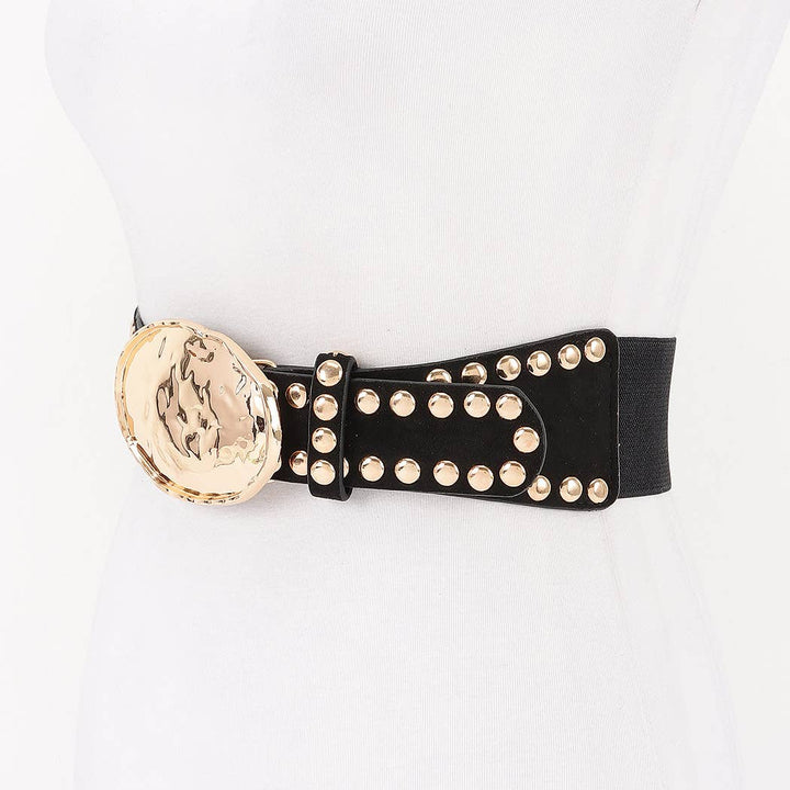 Hammered Metal Buckle Studded Faux Suede Elastic Belt