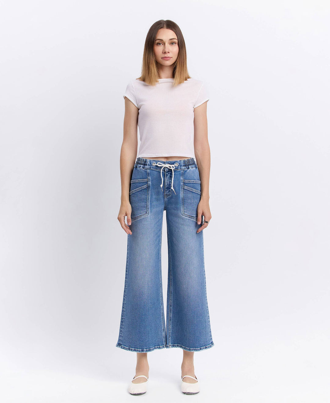 High Rise Flare Denim with Drawstring Waist