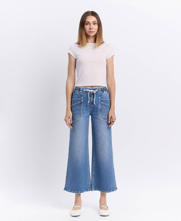High Rise Flare Denim with Drawstring Waist