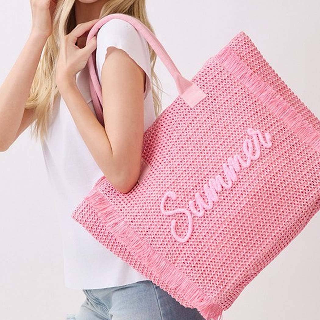 Woven Straw Fringe Tote With Summer Embroidery