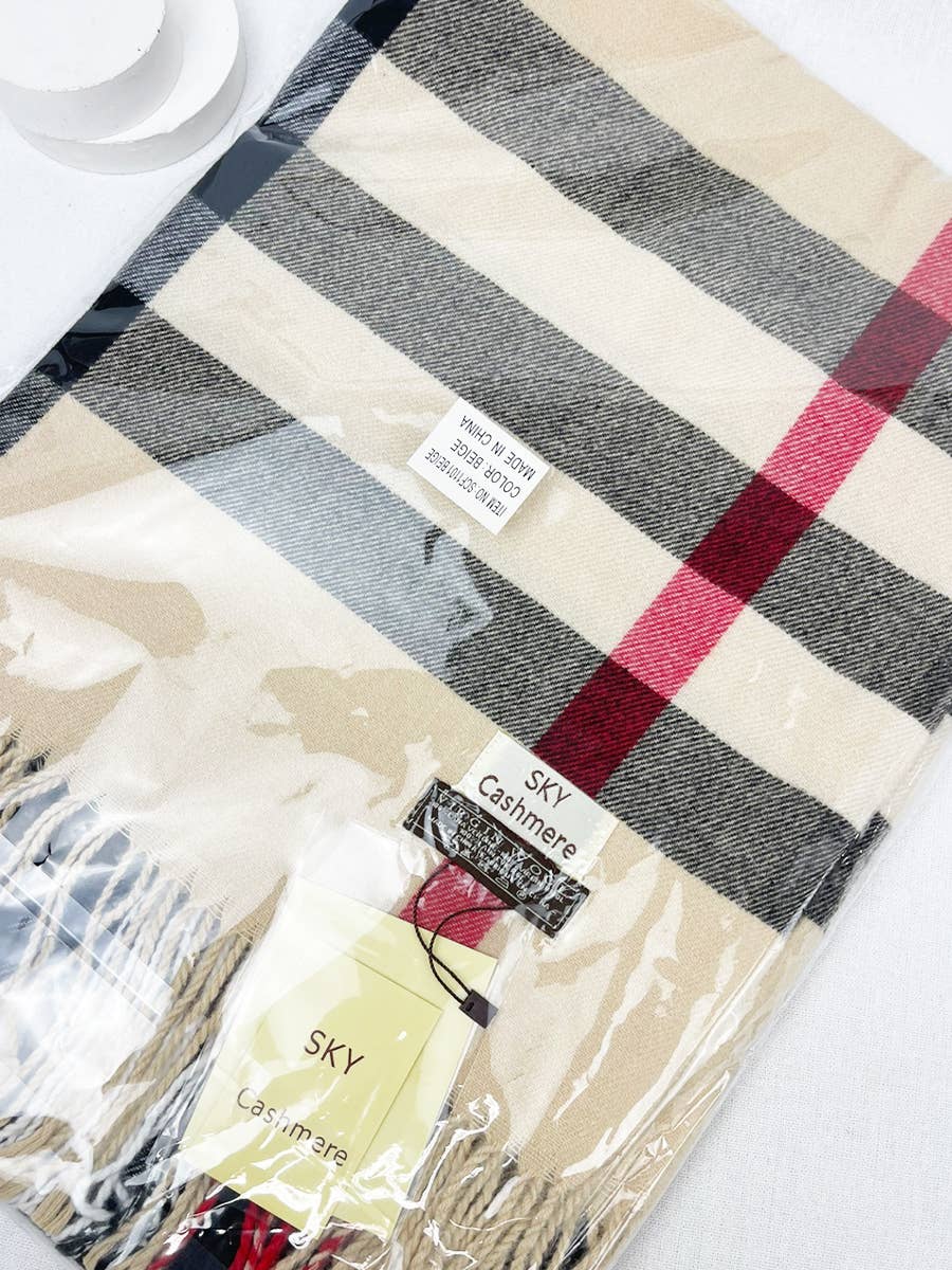 Camel Wool Plaid Cashmere Scarf With Tassel