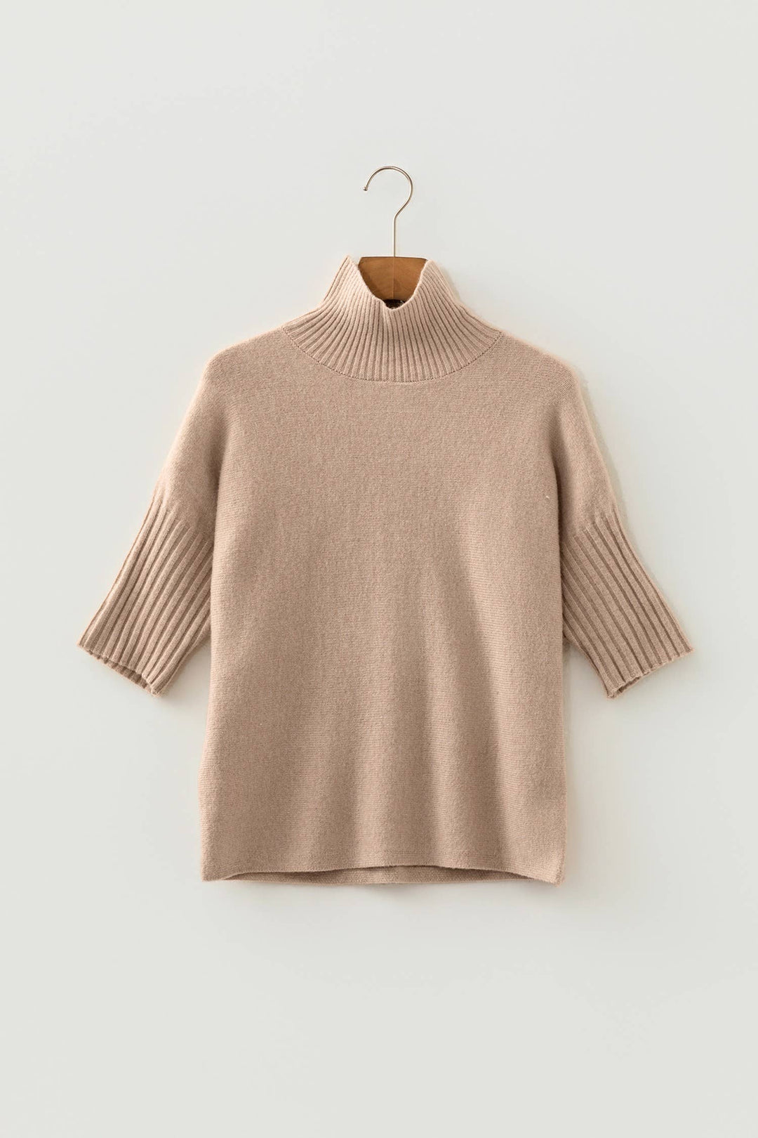 Tan  Ribbed High Neck Short Sleeve Sweater