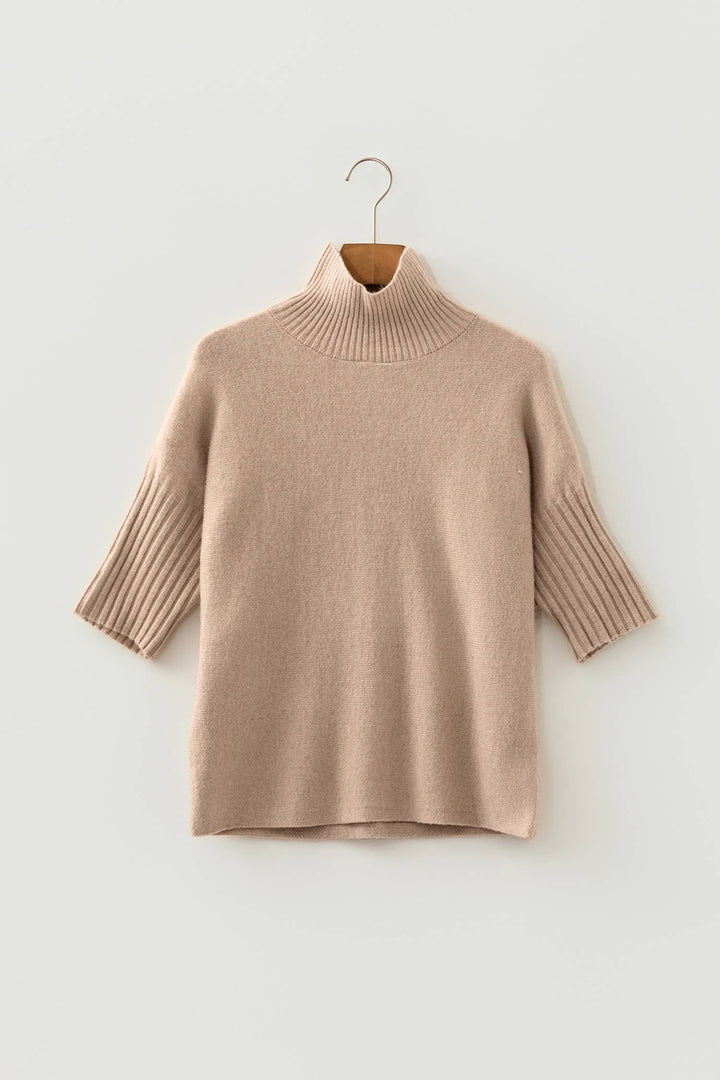 Tan  Ribbed High Neck Short Sleeve Sweater