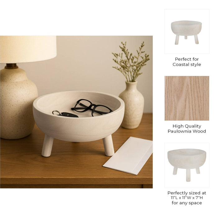 Decorative Bowl - White Wood Rustic with Tripod Legs