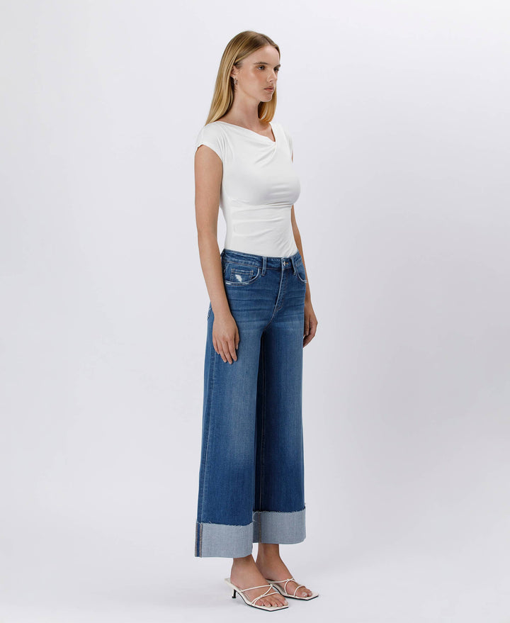 High Rise Cuffed Ankle Wide Leg Jeans