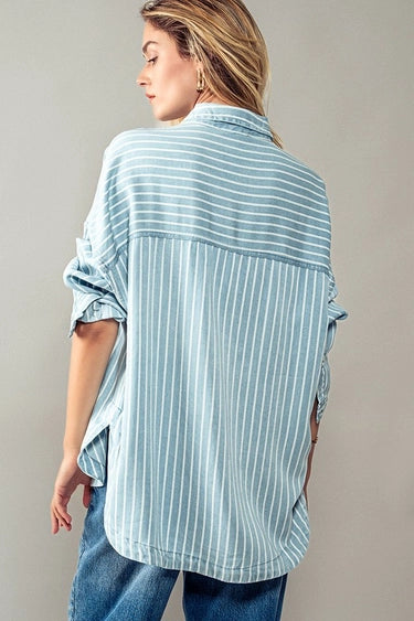 Blue &amp; White Striped Double Pocket Button Down Shirt