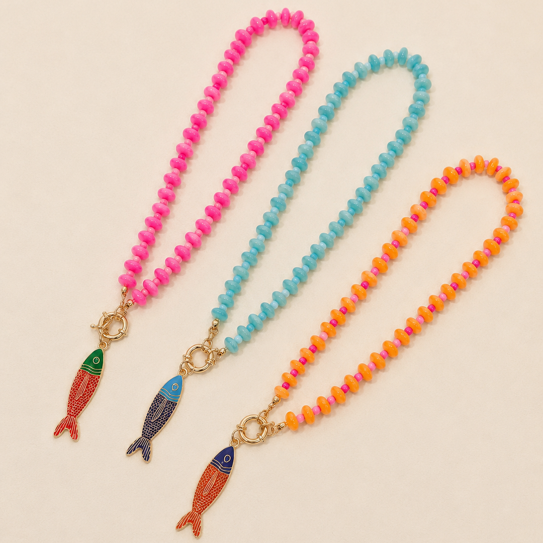 Orange Bead Necklace with Fish Charm