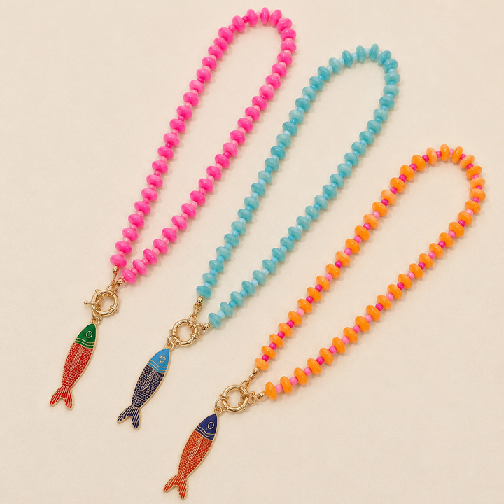 Orange Bead Necklace with Fish Charm