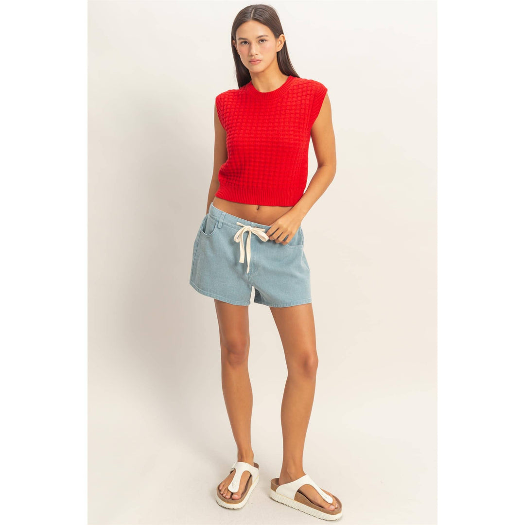 Red Textured Sleeveless Knit Top