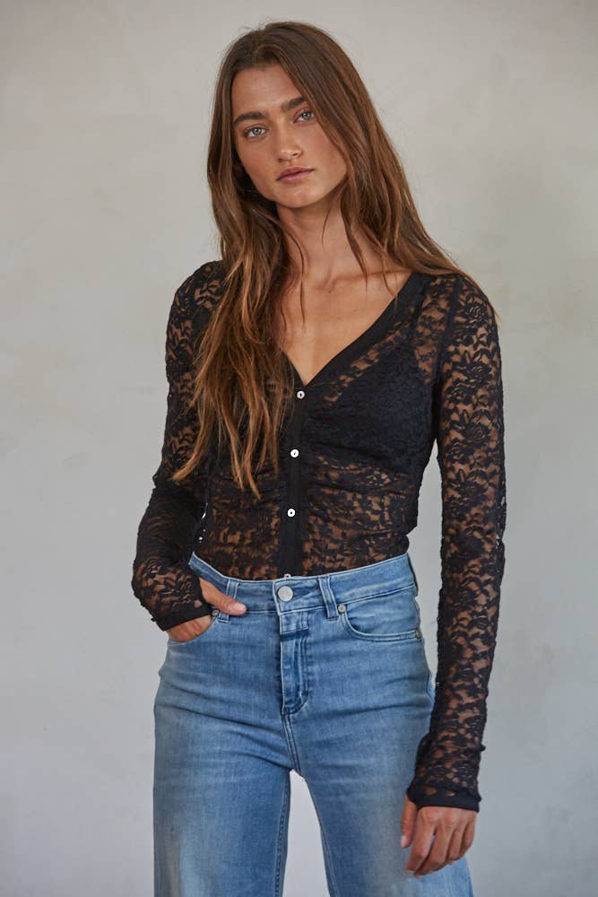 Black Lace V-Neck Button Down Bodysuit