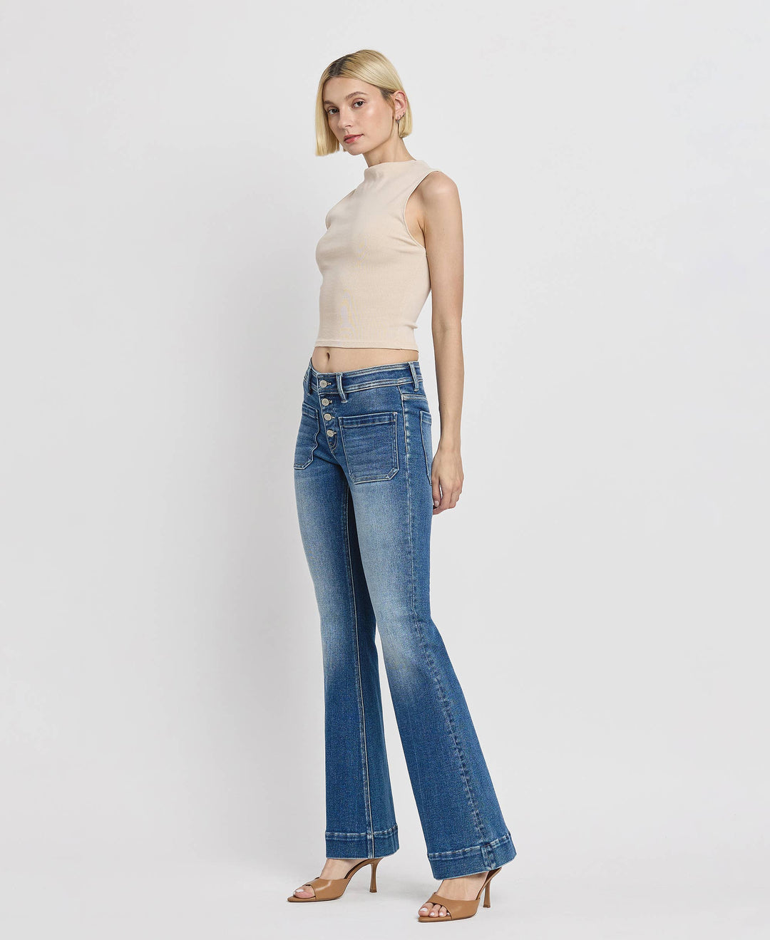 Mid Rise Patch Pocket  Flare Jean