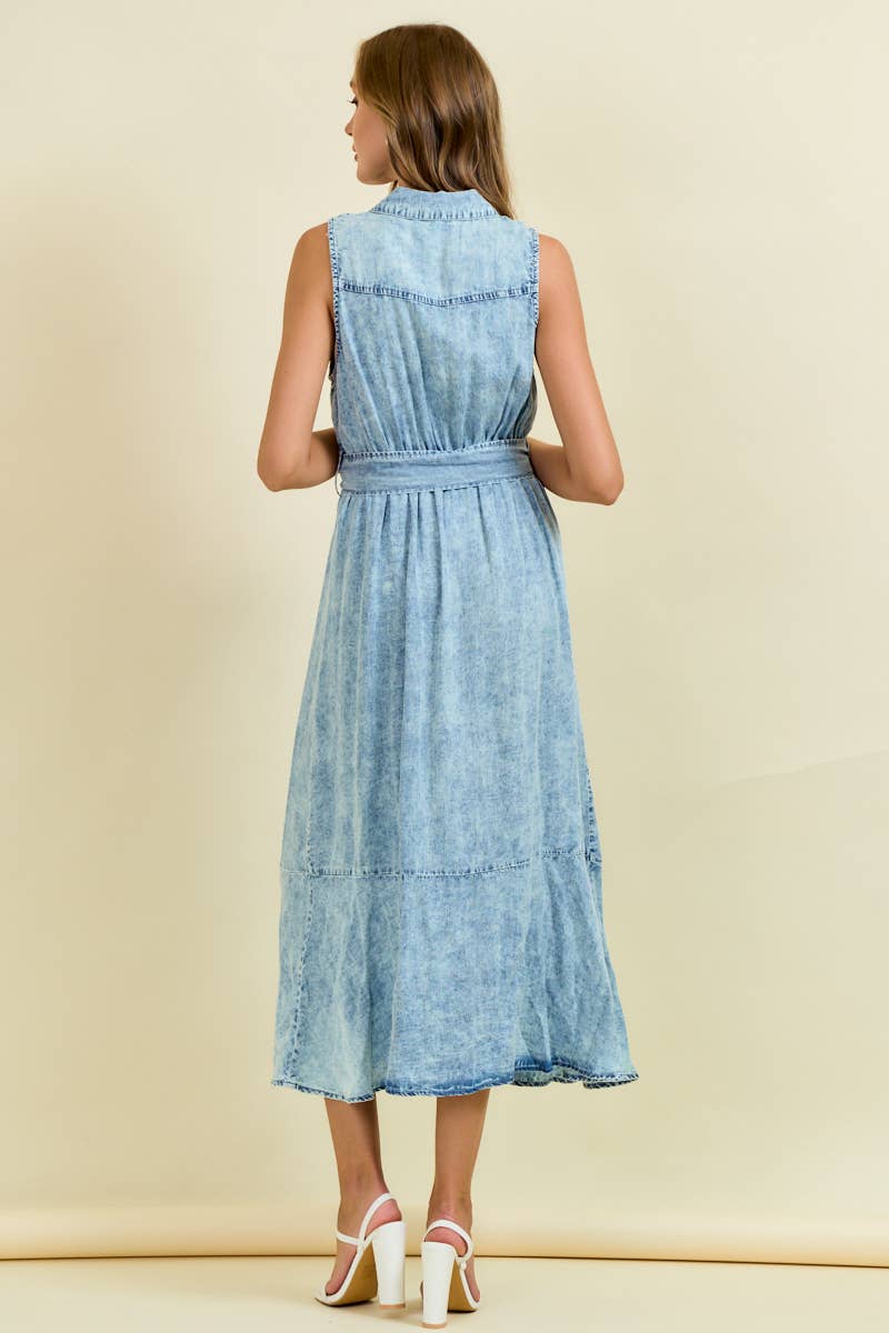 Denim Look Midi Dress with Tie Belt