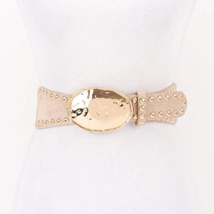 Hammered Metal Buckle Studded Faux Suede Elastic Belt