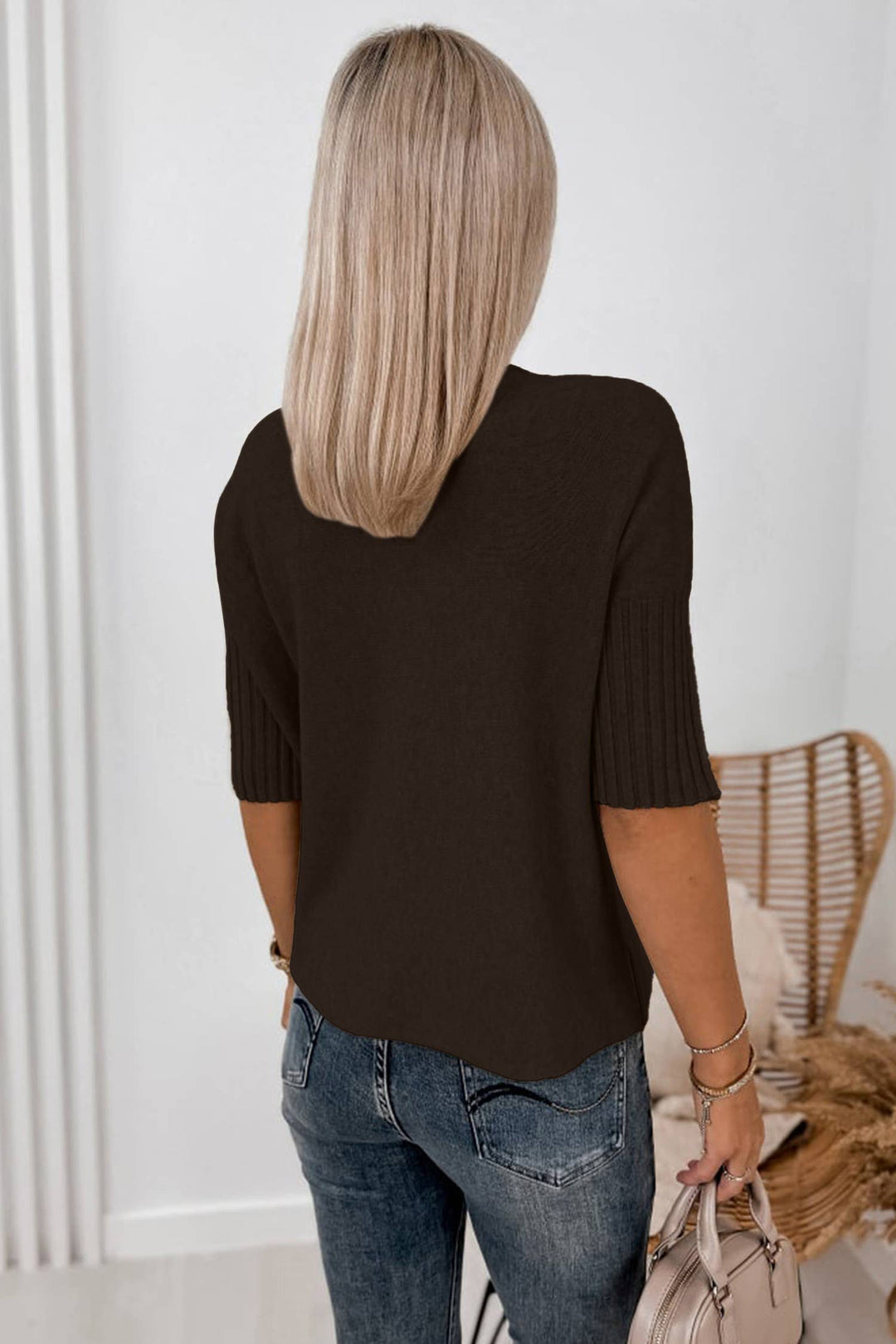 Tan  Ribbed High Neck Short Sleeve Sweater