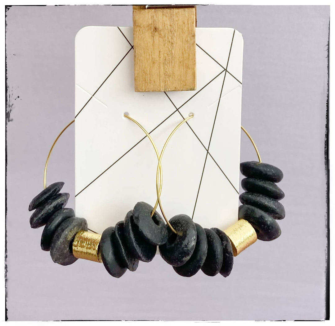 Ashanti Glass Bead Circle Hoop Dangle Earring - Black