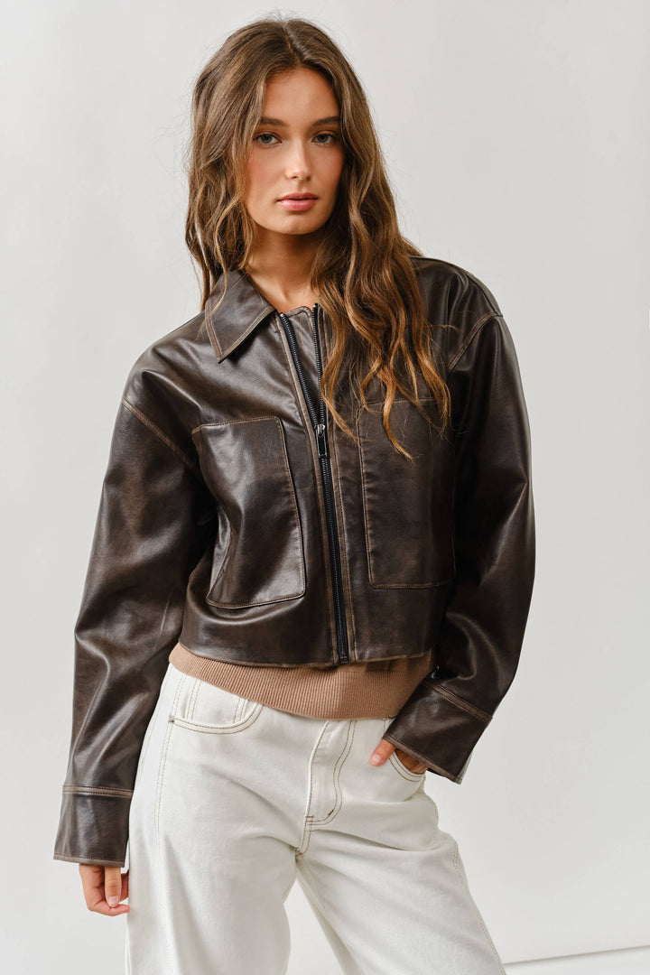 Brown Vintage Washed Leather Jacket-1 LEFT