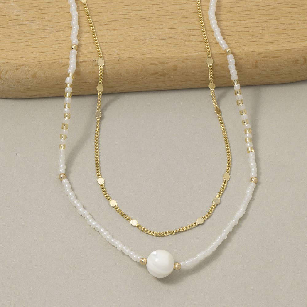 Double Strand Seed Bead And Pearl Station Necklace